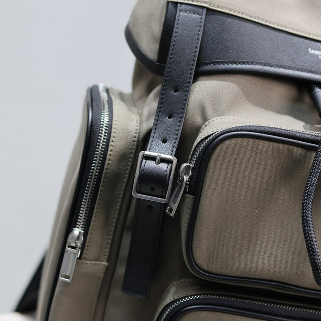 CITY MULTI-POCKET BACKPACK 42 IN KHAKI GREEN NYLON AND BLACK SMOOTH CALFSKIN