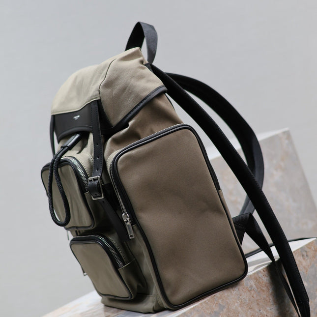 CITY MULTI-POCKET BACKPACK 42 IN KHAKI GREEN NYLON AND BLACK SMOOTH CALFSKIN