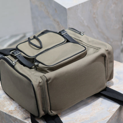 CITY MULTI-POCKET BACKPACK 42 IN KHAKI GREEN NYLON AND BLACK SMOOTH CALFSKIN