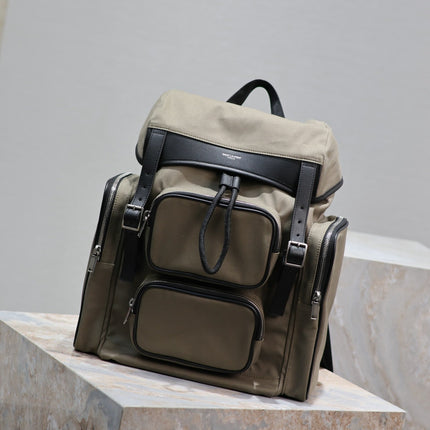 CITY MULTI-POCKET BACKPACK 42 IN KHAKI GREEN NYLON AND BLACK SMOOTH CALFSKIN