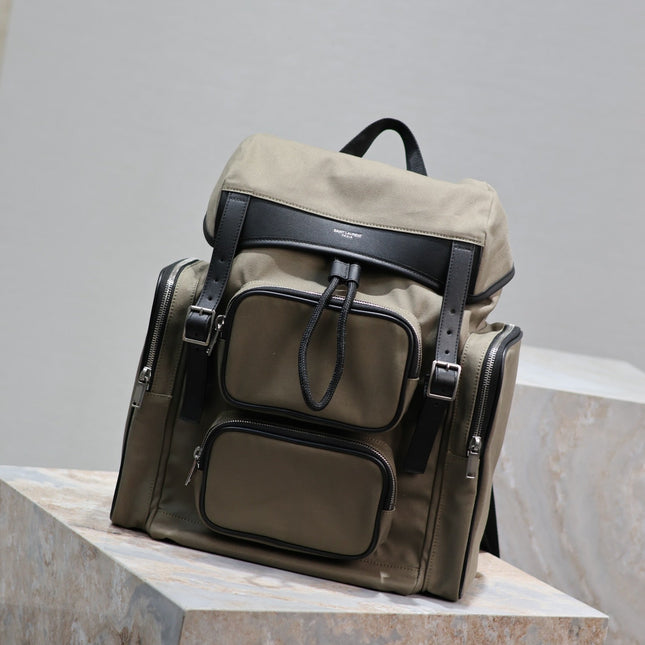 CITY MULTI-POCKET BACKPACK 42 IN KHAKI GREEN NYLON AND BLACK SMOOTH CALFSKIN