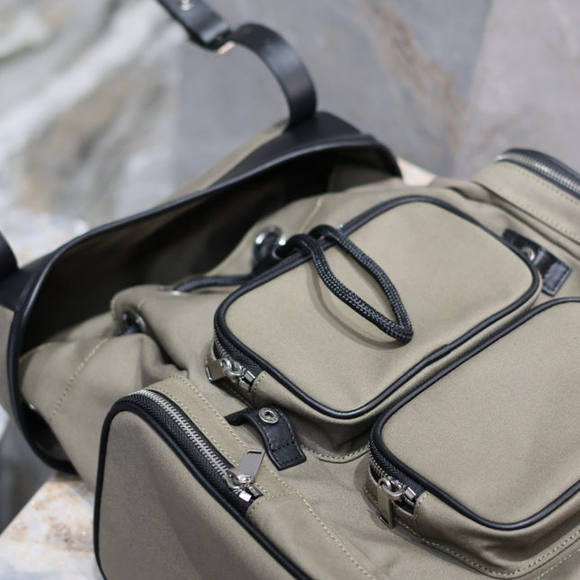 CITY MULTI-POCKET BACKPACK 42 IN KHAKI GREEN NYLON AND BLACK SMOOTH CALFSKIN