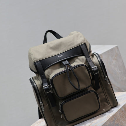CITY MULTI-POCKET BACKPACK 42 IN KHAKI GREEN NYLON AND BLACK SMOOTH CALFSKIN