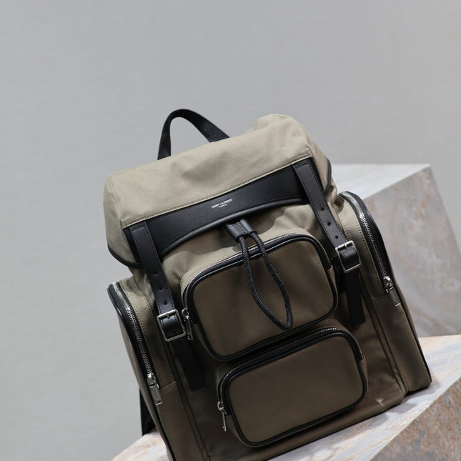 CITY MULTI-POCKET BACKPACK 42 IN KHAKI GREEN NYLON AND BLACK SMOOTH CALFSKIN