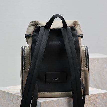 CITY MULTI-POCKET BACKPACK 42 IN KHAKI GREEN NYLON AND BLACK SMOOTH CALFSKIN