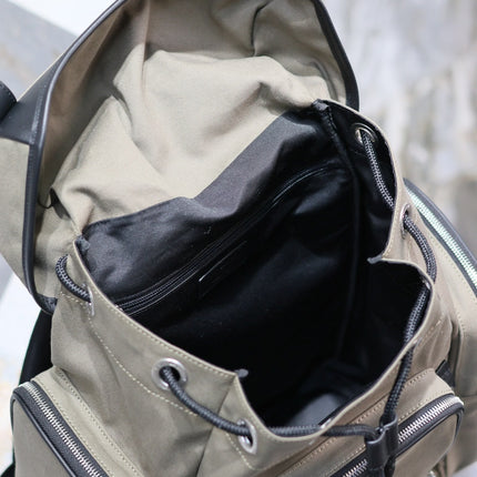 CITY MULTI-POCKET BACKPACK 42 IN KHAKI GREEN NYLON AND BLACK SMOOTH CALFSKIN