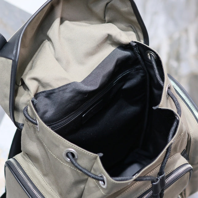 CITY MULTI-POCKET BACKPACK 42 IN KHAKI GREEN NYLON AND BLACK SMOOTH CALFSKIN