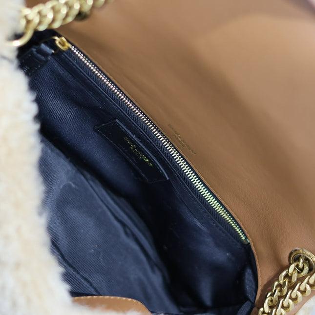 CALYPSO BAG 26 IN BEIGE SHEARLING WITH BROWN SUEDE HANDLE