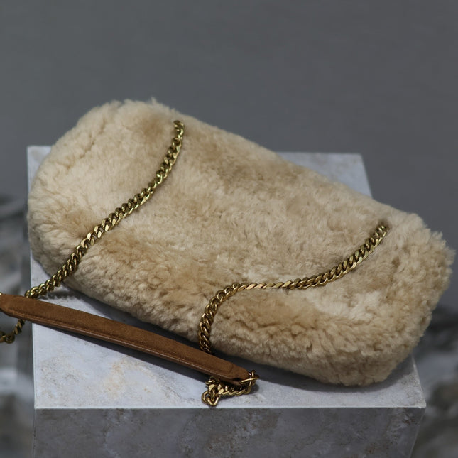 CALYPSO BAG 26 IN BEIGE SHEARLING WITH BROWN SUEDE HANDLE