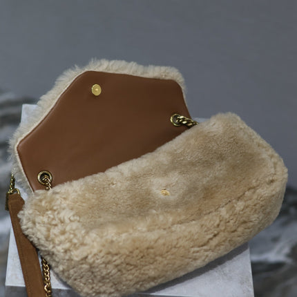 CALYPSO BAG 26 IN BEIGE SHEARLING WITH BROWN SUEDE HANDLE