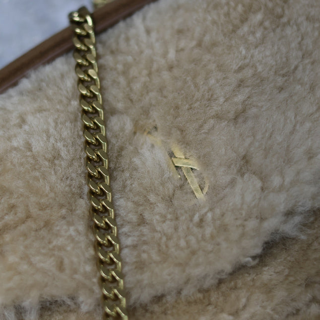 CALYPSO BAG 26 IN BEIGE SHEARLING WITH BROWN SUEDE HANDLE