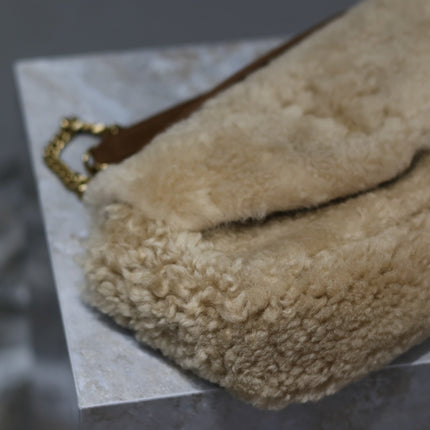 CALYPSO BAG 26 IN BEIGE SHEARLING WITH BROWN SUEDE HANDLE