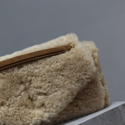 CALYPSO BAG 26 IN BEIGE SHEARLING WITH BROWN SUEDE HANDLE