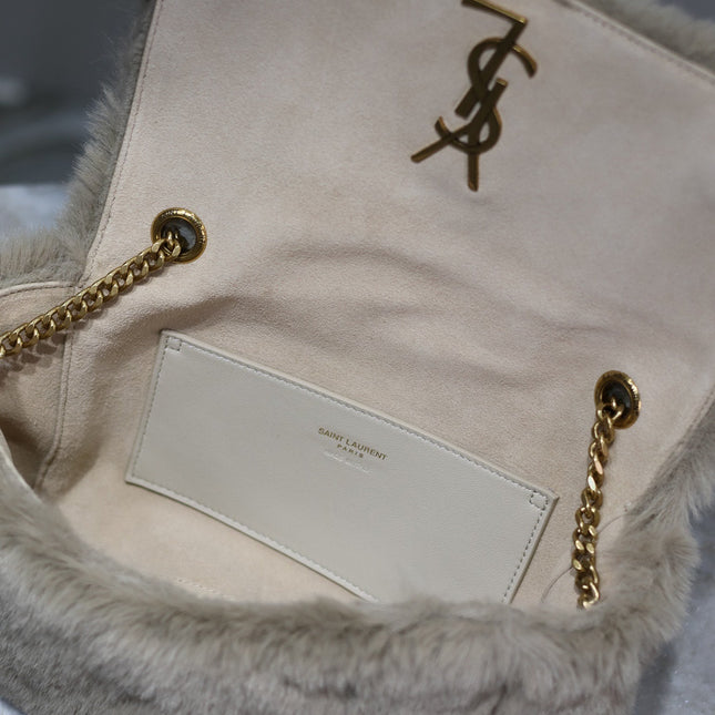 KATE SMALL BAG 22 IN ECRU BEIGE RABBIT FUR GOLD CHAIN