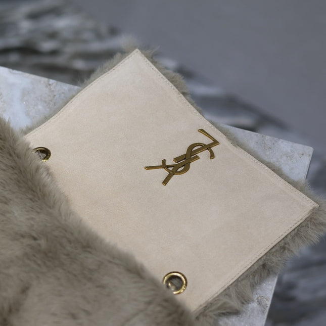KATE SMALL BAG 22 IN ECRU BEIGE RABBIT FUR GOLD CHAIN