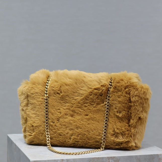 KATE SMALL BAG 22 IN PEANUT BROWN RABBIT FUR GOLD CHAIN