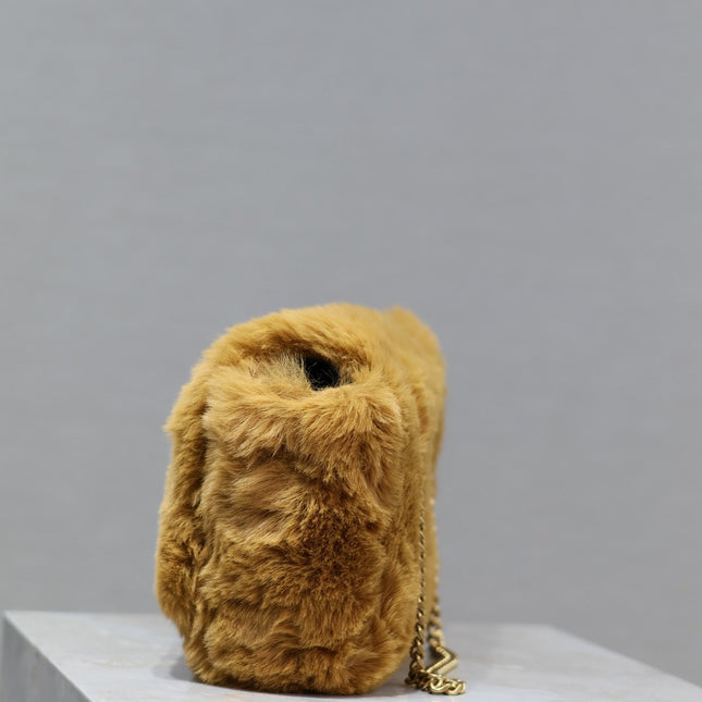 KATE SMALL BAG 22 IN PEANUT BROWN RABBIT FUR GOLD CHAIN