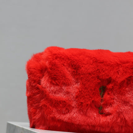 KATE SMALL BAG 22 IN SCARLET RED RABBIT FUR GOLD CHAIN