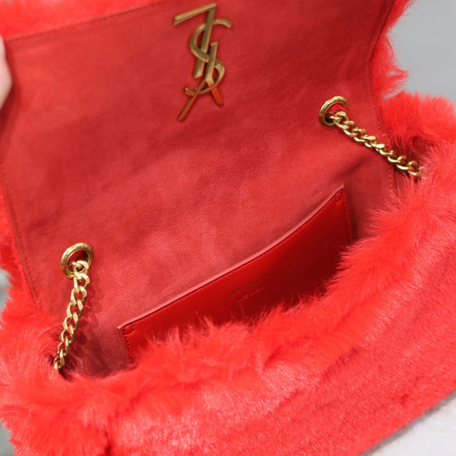 KATE SMALL BAG 22 IN SCARLET RED RABBIT FUR GOLD CHAIN