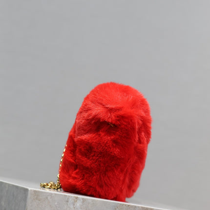KATE SMALL BAG 22 IN SCARLET RED RABBIT FUR GOLD CHAIN