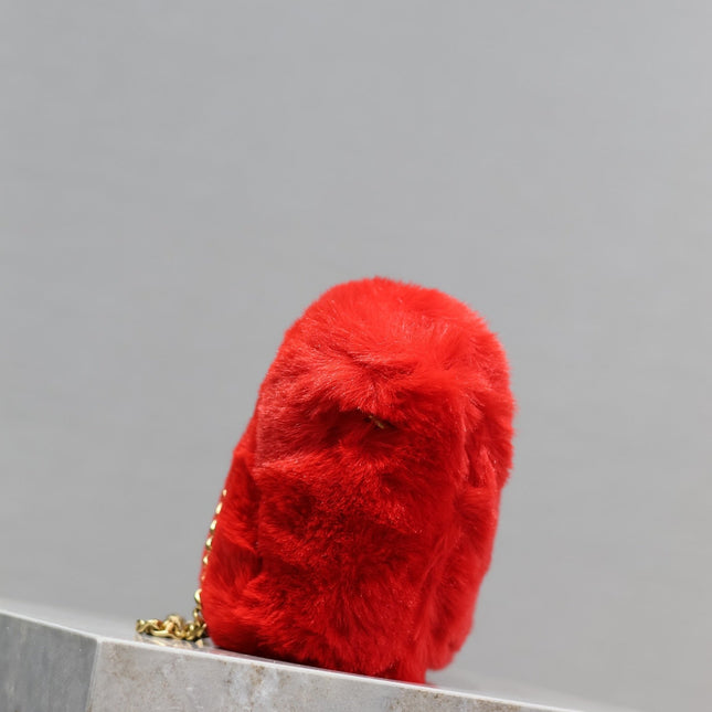 KATE SMALL BAG 22 IN SCARLET RED RABBIT FUR GOLD CHAIN