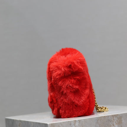 KATE SMALL BAG 22 IN SCARLET RED RABBIT FUR GOLD CHAIN