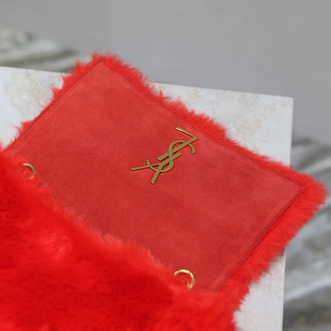 KATE SMALL BAG 22 IN SCARLET RED RABBIT FUR GOLD CHAIN