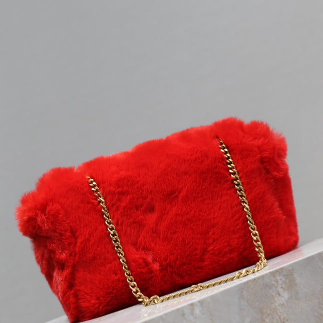 KATE SMALL BAG 22 IN SCARLET RED RABBIT FUR GOLD CHAIN