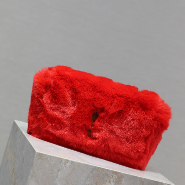 KATE SMALL BAG 22 IN SCARLET RED RABBIT FUR GOLD CHAIN