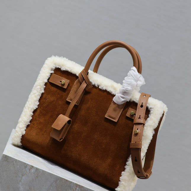 SAC DE JOUR 26 IN BROWN SUEDE AND WHITE SHEARLING TRIM