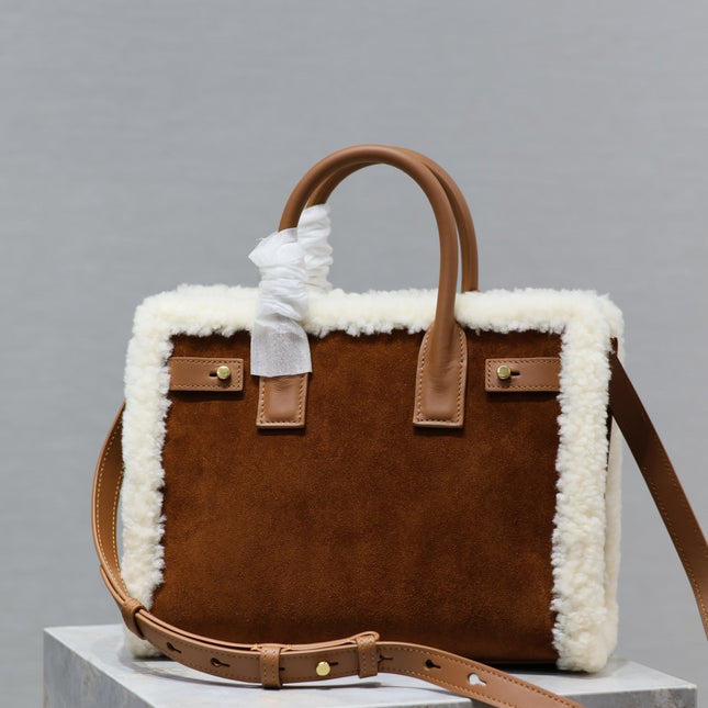 SAC DE JOUR 26 IN BROWN SUEDE AND WHITE SHEARLING TRIM