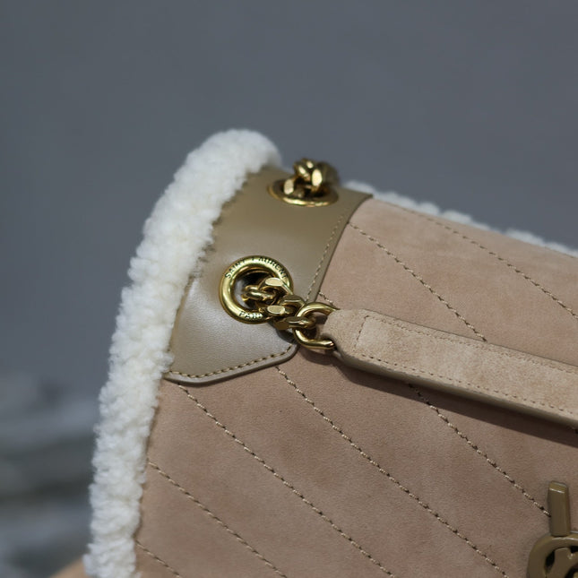 NIKI MEDIUM 28 IN CAMEL SUEDE AND WHITE SHEARLING