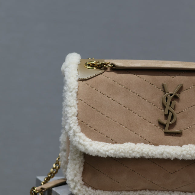 NIKI MEDIUM 28 IN CAMEL SUEDE AND WHITE SHEARLING