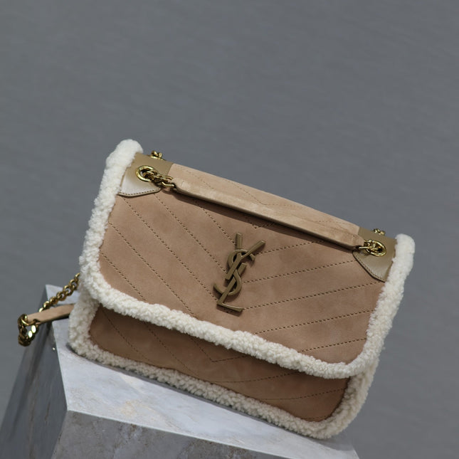 NIKI MEDIUM 28 IN CAMEL SUEDE AND WHITE SHEARLING