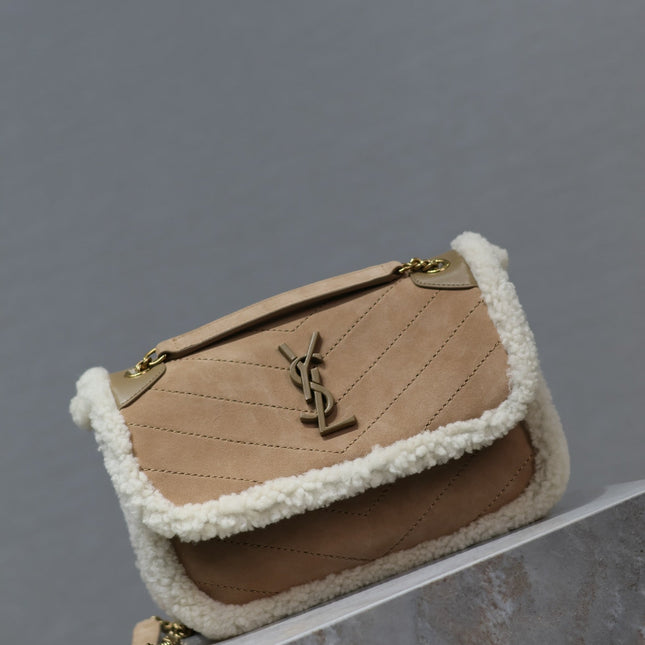 NIKI SMALL 22 IN CAMEL SUEDE AND WHITE SHEARLING