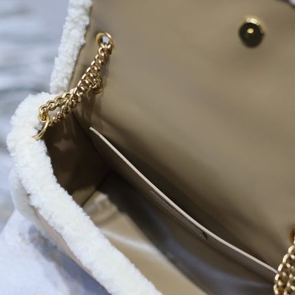 NIKI SMALL 22 IN CAMEL SUEDE AND WHITE SHEARLING
