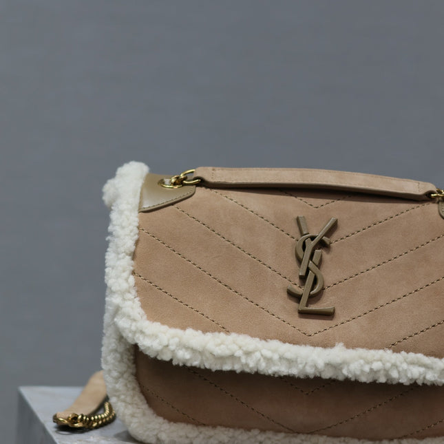NIKI SMALL 22 IN CAMEL SUEDE AND WHITE SHEARLING