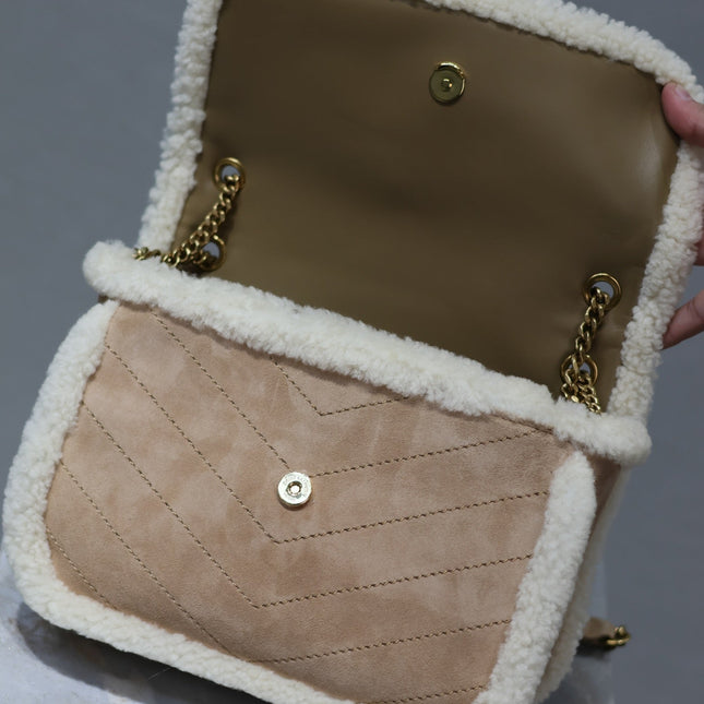 NIKI SMALL 22 IN CAMEL SUEDE AND WHITE SHEARLING