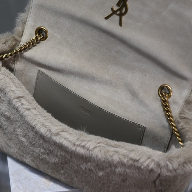 KATE FLAP BAG 28 IN ECRU BEIGE RABBIT FUR GOLD CHAIN