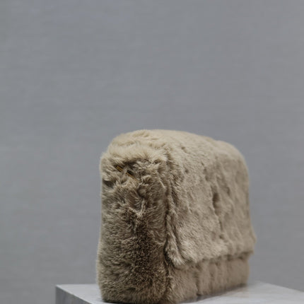KATE FLAP BAG 28 IN ECRU BEIGE RABBIT FUR GOLD CHAIN