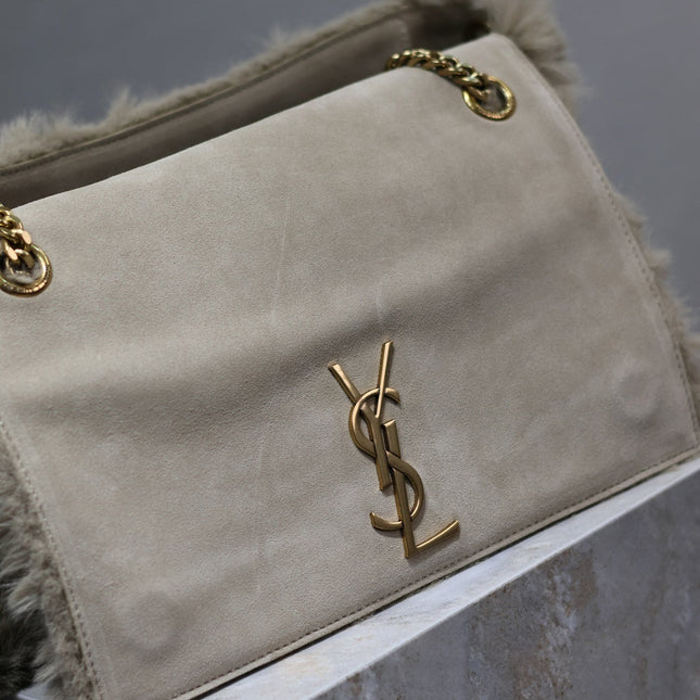 KATE FLAP BAG 28 IN ECRU BEIGE RABBIT FUR GOLD CHAIN
