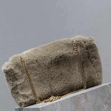 KATE FLAP BAG 28 IN ECRU BEIGE RABBIT FUR GOLD CHAIN