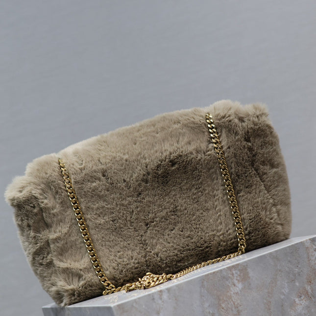 KATE FLAP BAG 28 IN ECRU BEIGE RABBIT FUR GOLD CHAIN