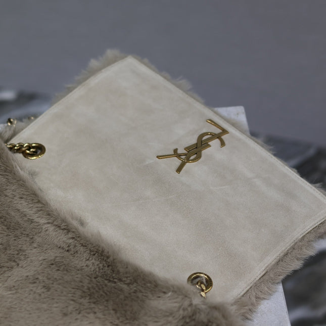 KATE FLAP BAG 28 IN ECRU BEIGE RABBIT FUR GOLD CHAIN