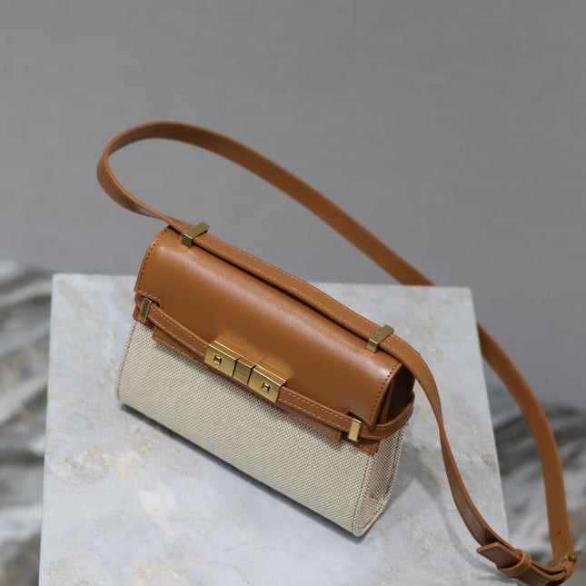 MANHATTAN MINI 19 IN WHITE CANVAS AND BROWN LAMBSKIN GOLD BUCKLE