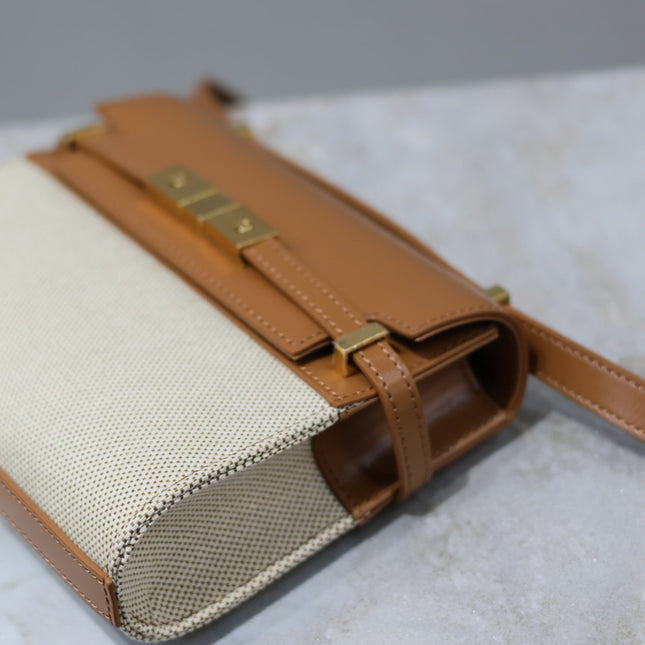 MANHATTAN MINI 19 IN WHITE CANVAS AND BROWN LAMBSKIN GOLD BUCKLE