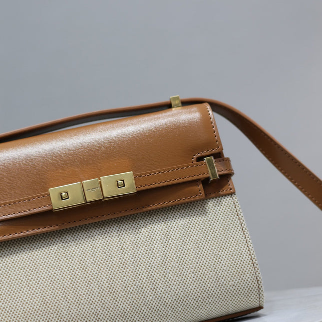 MANHATTAN MINI 19 IN WHITE CANVAS AND BROWN LAMBSKIN GOLD BUCKLE