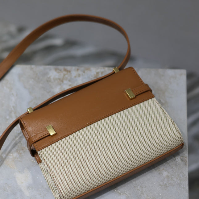 MANHATTAN MINI 19 IN WHITE CANVAS AND BROWN LAMBSKIN GOLD BUCKLE