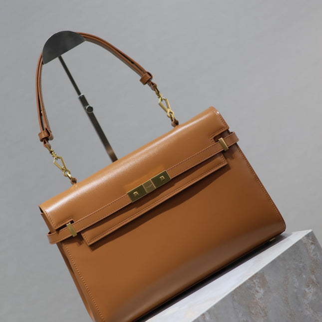 MANHATTAN HANDBAG 32 IN CINNAMON BROWN CALFSKIN GOLD HARDWARE