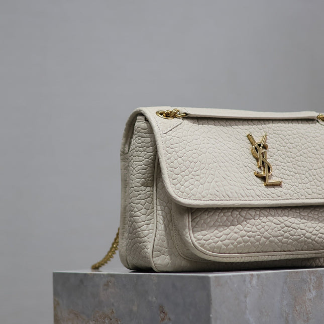 NIKI MEDIUM 28 IN WHITE ELEPHANT PATTERN LAMBSKIN GOLD LOGO